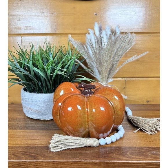Unbranded Other - New CERAMIC PUMPKIN 8" Glazed Golden Orange with Brown Stem Fall Decor #4141